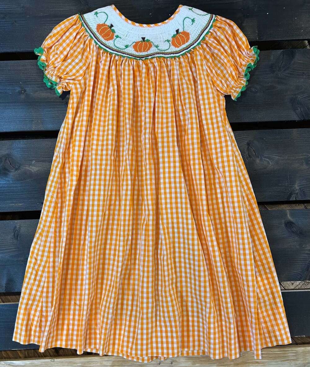 Marmellata Girls Orange Gingham Pumpkin Smocked Bishop Dress